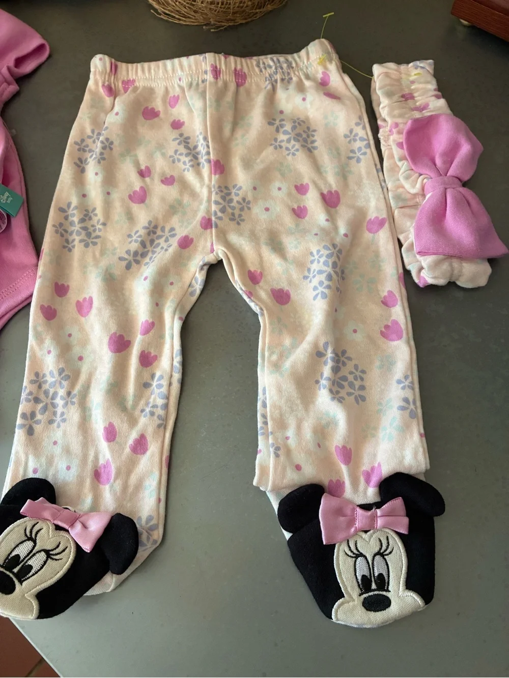 Disney NEW WITH TAGS Baby Minnie Mouse bodysuit, matching footed pants, headband